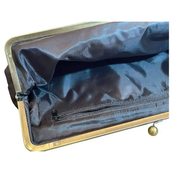 Vintage Black Clutch Gold Frame Kiss Clasp Women's Formal Bag Satin Finish - Picture 12 of 16